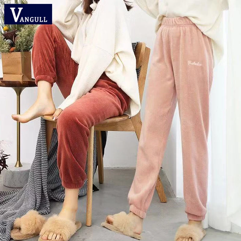 Vangull Winter Flannel Casual Pants Letter Embroidery Harem Pants New Warm Joggers Comfortable Elastic Waist Ankle-Length Pants