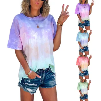 

Loose Casual Women Gradient Color Print T-shirt Short Sleeve Summer 2020 New Fashion Tie-dye Print Club T-Shirts Plus Size Shirt