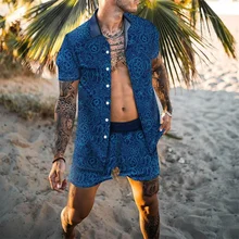 NEW Men Hawaiian Sets Printing 2021 Summer Short Sleeve Button Shirt Beach Shorts Streetwear Casual Mens Suit 2 Pieces