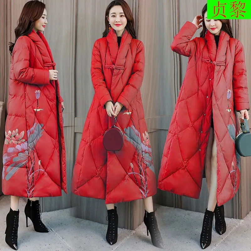 

2018 New Style Winter Women's Mid-length Thick Cotton-padded Clothes Retro China Ethnic-Style Printed down Jacket Cotton-padded