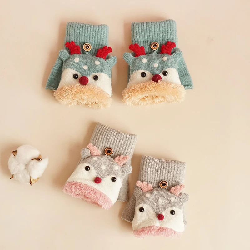 Children Winter Gloves Christmas Cute Cartoon Elk Flip Half-Finger Mittens For Girl Boy Kids Warm Plush Lined Fingerless Gloves
