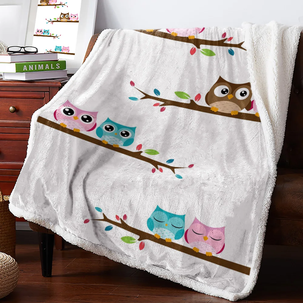 Winter Cashmere Blanket Cartoon Owl Couple Branch Warm Sherpa Blankets