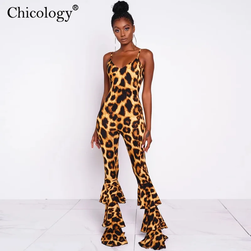  HAWTHAW backless leopard print thin strap flare long pants jumpsuit 2019 autumn winter women party 