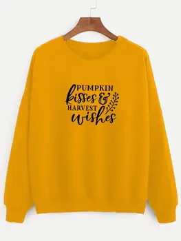 

Sweatshirt Pumpkin kisses and harvest wishes Printed New Arrival Women's Funny Long Sleeve Casual Cotton Tops autumn shirt
