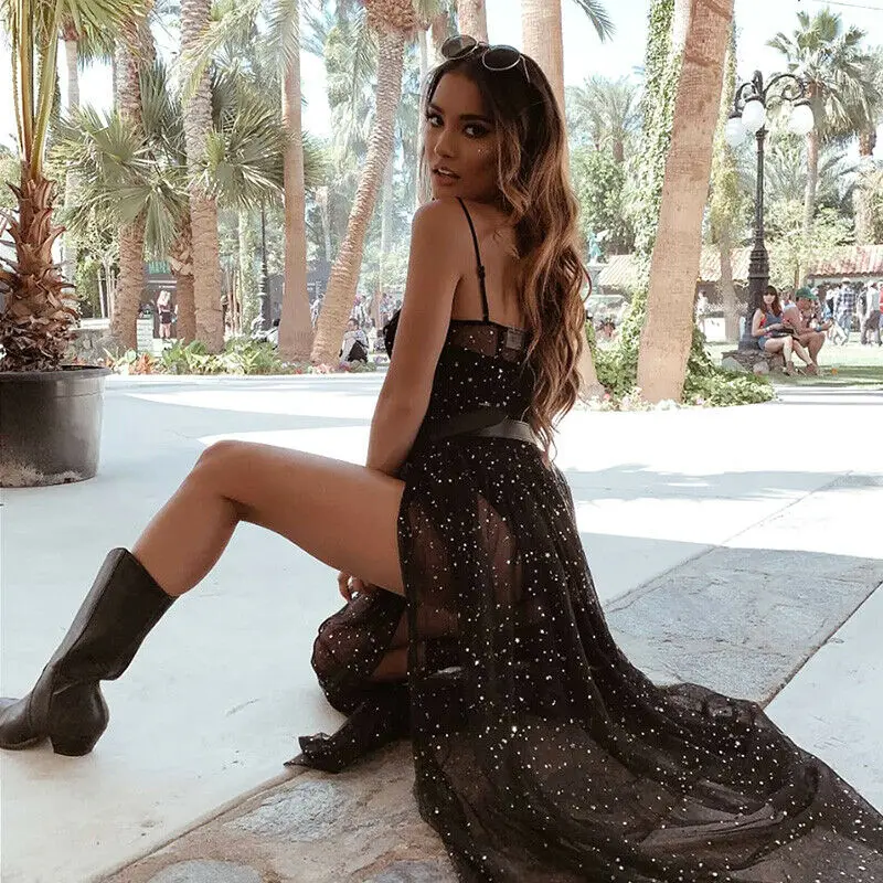 

Womens Sexy See-through Spaghetti Strap Mesh Dress Sheer High Split Sequins Dot Maxi Dress Tulle Lace Long Black Dress Electric