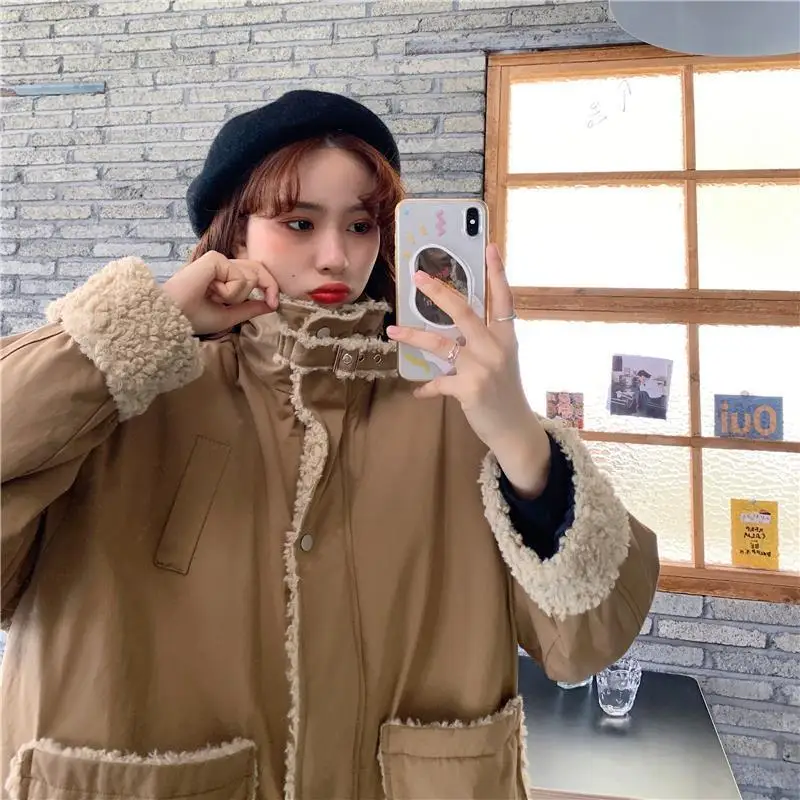 hooded puffer jacket Lamb Wool Padded Jackets Women Clothes Patchwork Plus Velvet Thick Autumn Winter New Korean Loose Harajuku Style Warm Jacket puffer coat with fur hood