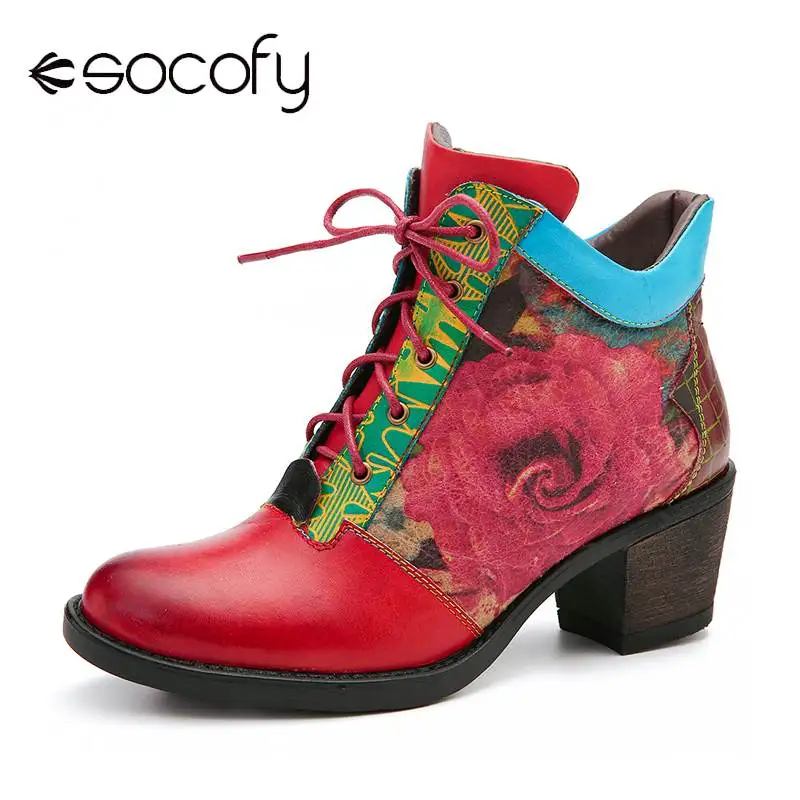 

SOCOFY Printed Boots Rose Genuine Leather Splicing Lace Up Zipper High Heel Boots Elegant Shoes Women Shoes Botas Mujer 2020