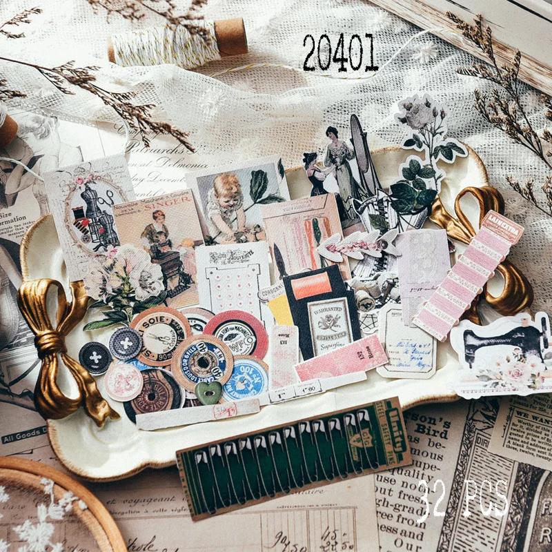 Retro European and American SEW Decorative Sticker DIY Scrapbooking Journal Album Diary Collage 32pcs