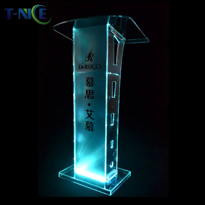 Church Pulpit Led Lights Commercial Furniture Podium With Built-in Shelf Clear Stand Lectern Glass Rostrum