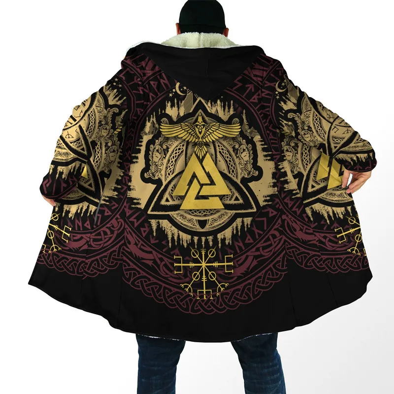 

New winter men's hooded cloak Viking wolf tattoo 3D printing fleece trench coat unisex casual thick warm hooded cloak
