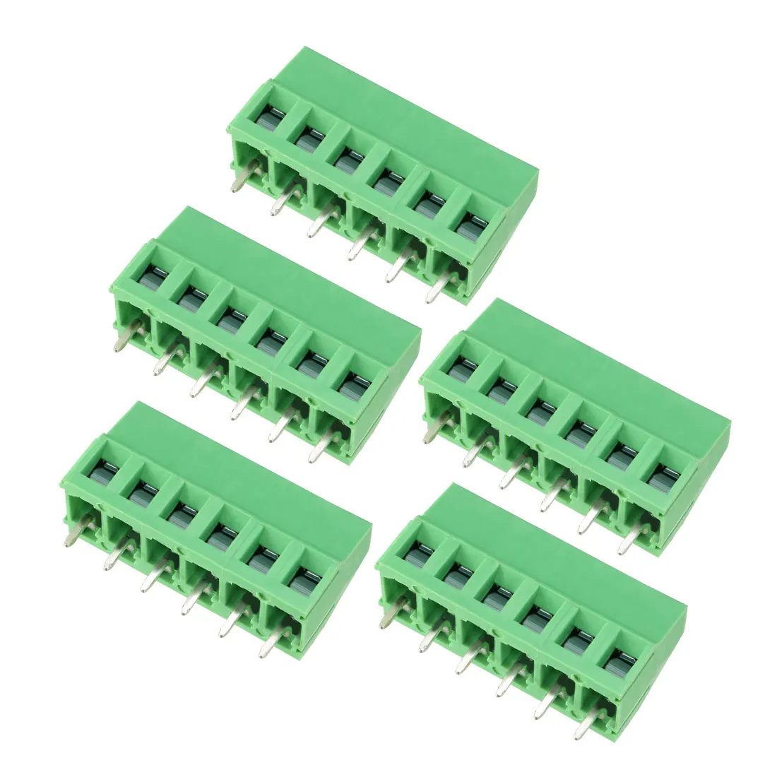 

uxcell 5Pcs AC300V 10A 5mm Pitch 6P Flat Angle Needle Seat Plug-In PCB Terminal Block Connector green