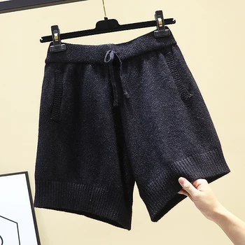 

Black Knitted Shorts Women New Autumn Winter All-match Loose High Waist Wide Leg Straight Shorts for Women