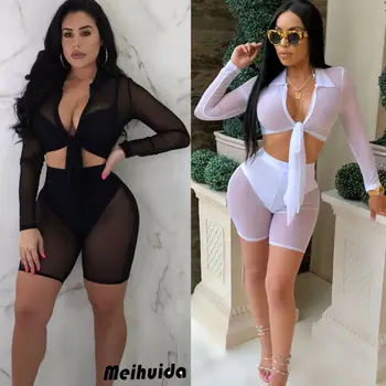 

2019 New See Through Mesh Beach Cover Ups Sexy Women Long Sleeve Top+Shorts Bikini Swimsuit Fashion Cover Up 2PCS/Set Sunsuits