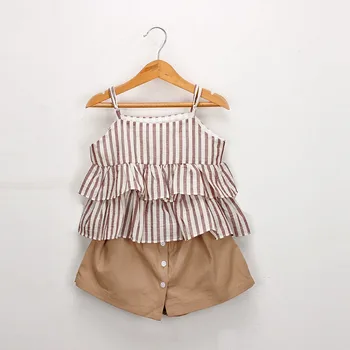 

Summer Fashion Sleeveless Baby Girl Clothing Sets Toddler Kids Baby Girls Outfits Clothes Stripe Ruffles Vest T-Shirt+Shorts Set