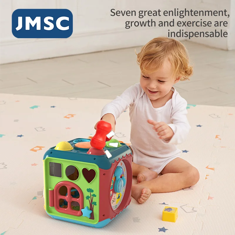 JMSC 6+1 Sided Activity Box Music Early Educational Turn Bead Gear Drum Block Sports City Montessori Toys Animals Forest Smart