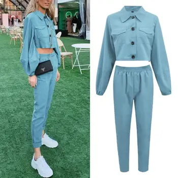 

2Pcs Casual Women Autumn Single-breasted Crop Top High Waist Long Pants Outfits