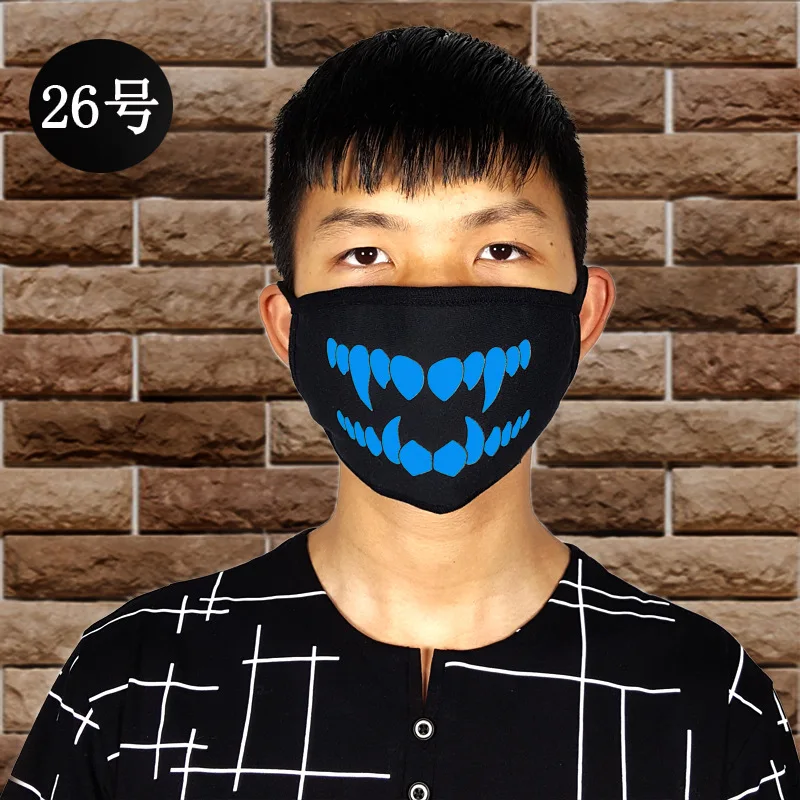1PCS Luminous Cotton Unisex Anti-dust Black Blue Vampire Teeth Print Mouth Mask Cover with Glowing for Men Women Boys Girls