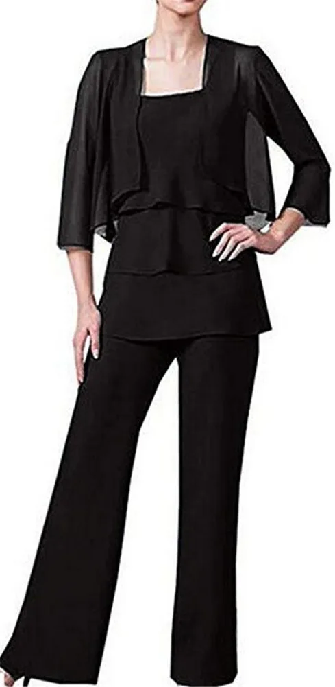 Black 3 PCs Chiffon Mother Of the Bride Plus Size PantSuits 3/4 Long Sleeve Mothers Suit With Short Jacket for Wedding | Свадьбы и