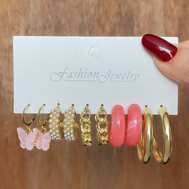 Trend Gold Silver Color Butterfly Hoop Earrings Vintage Snake Pearl Resin Earrings Set For Women Brincos Party Jewelry