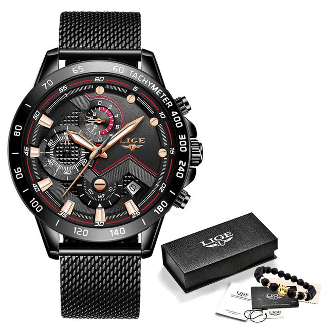 LIGE новые деловые мужские часы лучший бренд Роскошные наручные часы кварцевые синие часы мужские водонепроницаемые спортивные хронограф Relogio Masculino - Цвет: full black