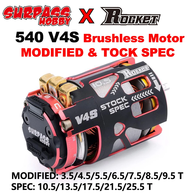 

Surpass Hobby Rocket 540 V4S Brushless Electric Motor 3.5/5.5/8.5/10.5/21.5T For 1/10 1/12 F1 Competition Racing RC Drift Car
