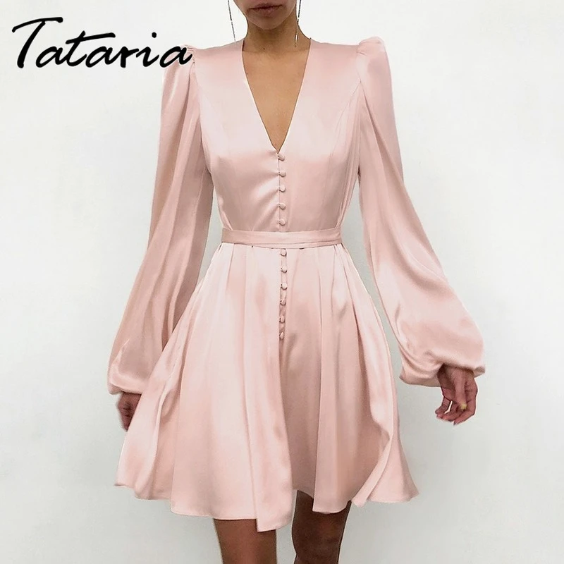 Pink Satin Dress Button Design Long ...