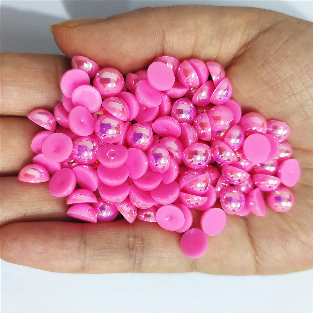 Rose red AB Half Round Pearl Rhinestone Crystal Non Hotfix Flat Back
