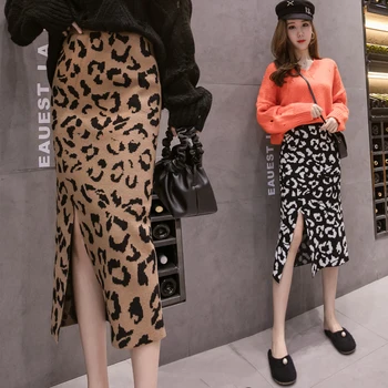 

2019 Autumn Winter Knitted Thick Slim Split Leopard Skirts Bottoms Women Knitting Empire Pencil Midi Skirt BH8812