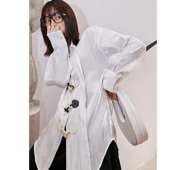 

Korea can ship Long Sleeve thin style white Shirt for women 2020 Spring fashion new Loose Satin Tops with button casual H947