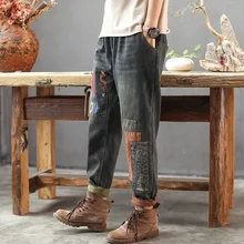 Осень-зима, Женские флисовые джинсы, свободные, с эластичной резинкой на талии, плюшевые джинсовые штаны, женские, с вышивкой, в стиле пэчворк, повседневные брюки