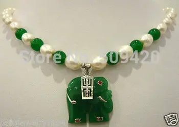 

Hot sell Fast SHIPPING New White pearl & green jade necklace+elephant pendant