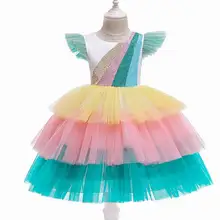 Радужные многослойные платья для девочек; блестящие разноцветные вечерние платья без рукавов; детская одежда; 3-8 лет; D0113