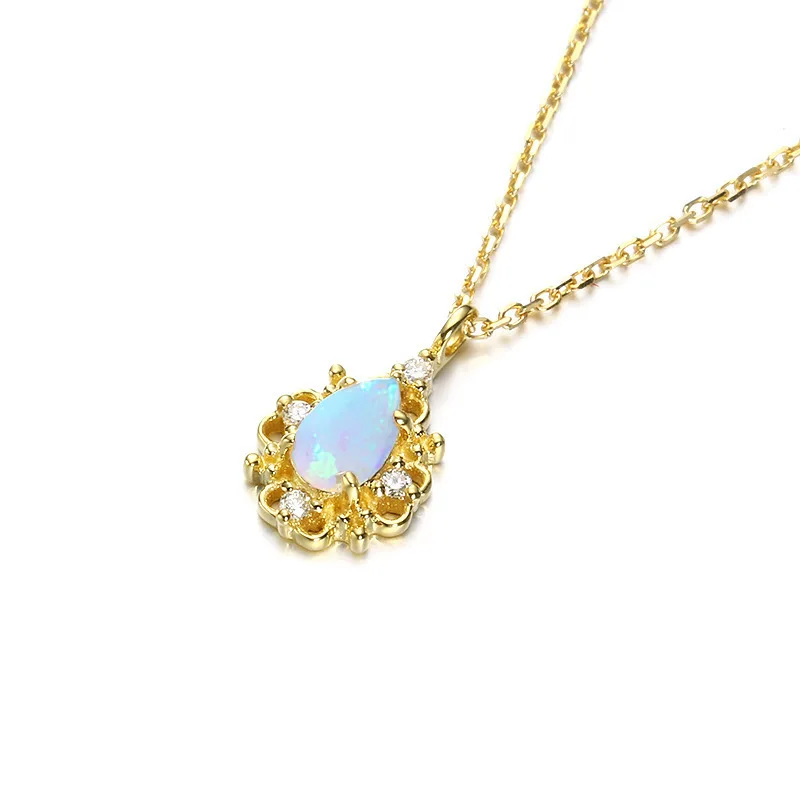 LAMOON S925 Sterling Silver Oct Birthstone Opal 14K Yellow Gold Plated Pandent Necklace Fine Jewelry for Women Mom Gift LMNI118 - Цвет камня: 14k gold