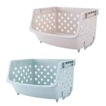

2 Pcs Kitchen Organizer Basket Shelf Stackable Single-Deck Fruit Vegetable Storage Box, Beige & Blue