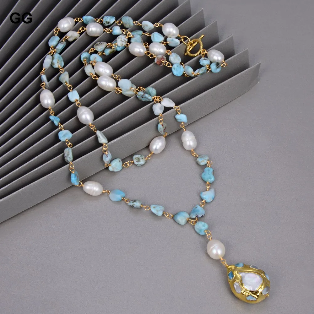 Natural Blue Larimars White Rice freshwater Pearl Statement Necklace