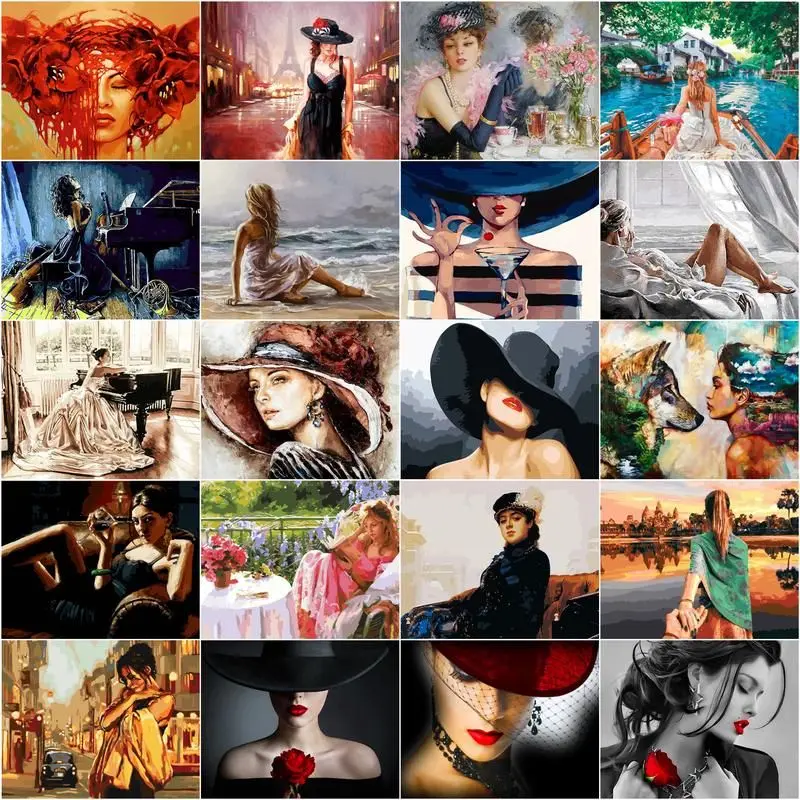 CHENISTORY 페인트 번호로 여자 캔버스에 그리기 Handpainted 그림 미술 선물 Diy 사진 번호 모자 키트 홈 장식