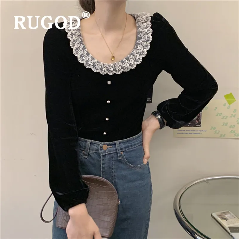 RUGOD модная кружевная Лоскутная бархатная блузка женская элегантная однобортная