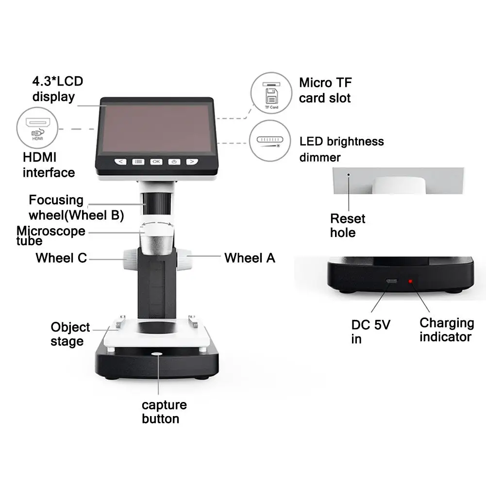 4,3 дюймов микроскоп HD 1080P портативный Настольный 1000X цифровой микроскоп с ЖК-дисплеем Регулируемый 10 языков электронный экран микроскоп