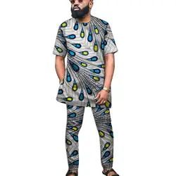 Африканская одежда с принтом Мужская рубашка + брюки комплекты топы с короткими рукавами и брюки Анкара наряды традиционный дизайн