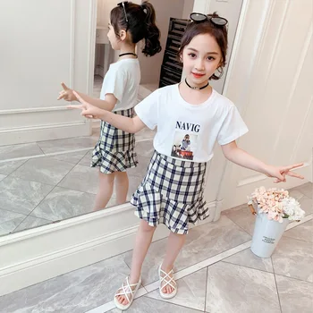 

Girls Summer Navigation Plaid Suit Western Style Children's Clothing Set 2020 of the New Children's Clothing Summer