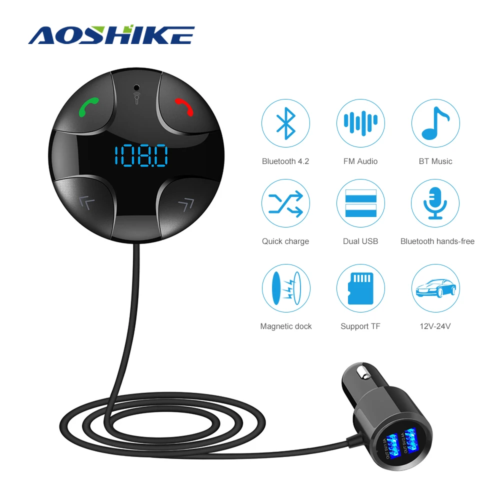 

AOSHIKE Bluetooth 4.2 FM Transmitter Wireless Car Kit MP3 Audio Player Bluetooth Hands-free Support TF Card with Dual USB