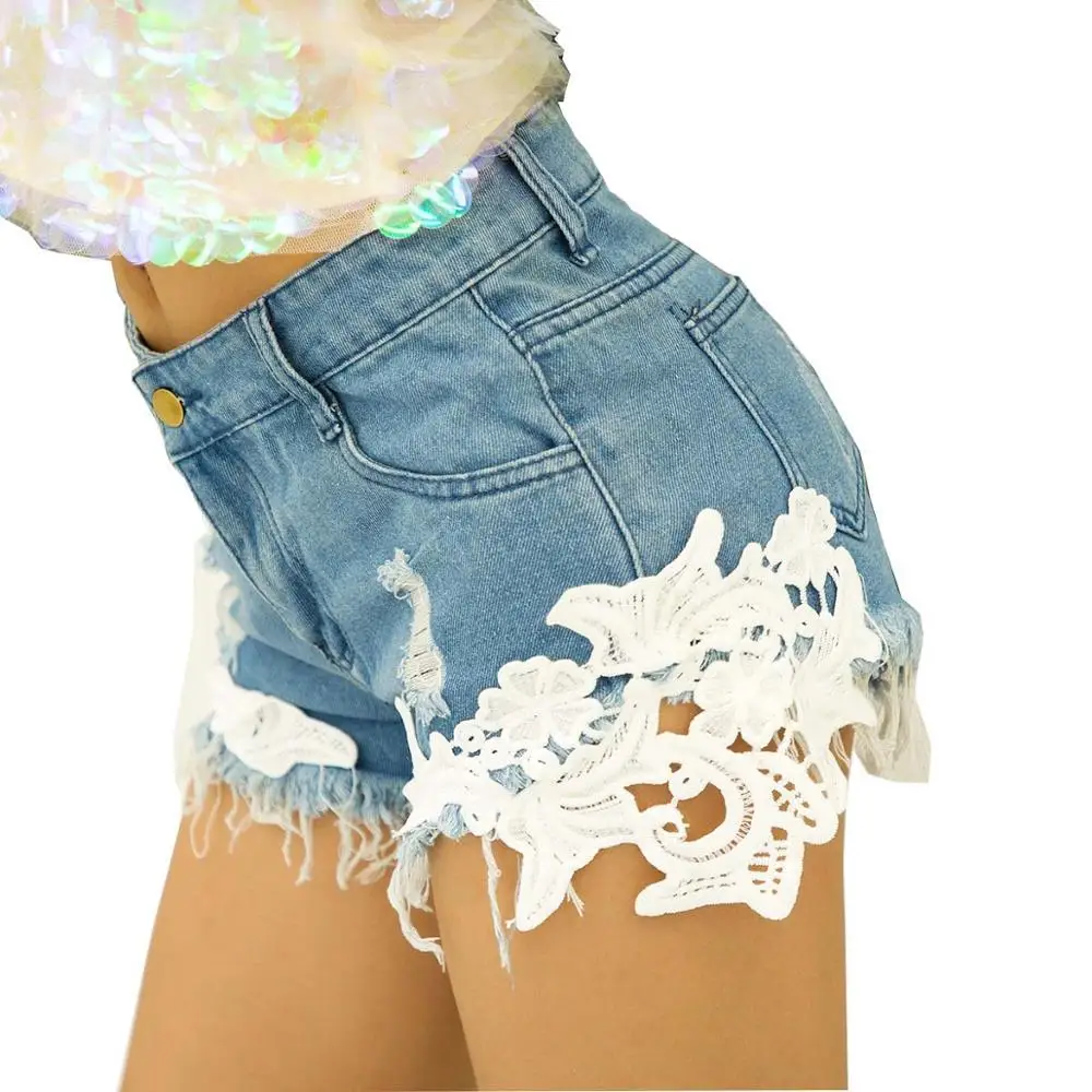 

Fashion Women High Waist Jeans Shorts Washed Distressed Shorts Outdress Jeans Denim Club Lace Floral Summer short mujer