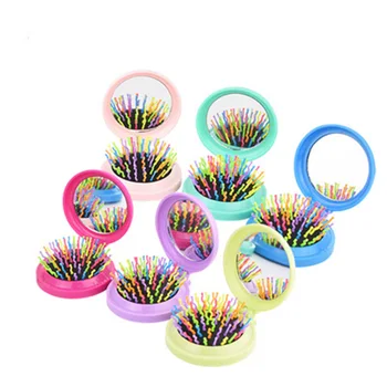 

Baby Rainbow Hairbrush Kids Mini Portable Head Massager Hair Brush Children Bath Anti-static Comfortable Fold Combs With Mirrors