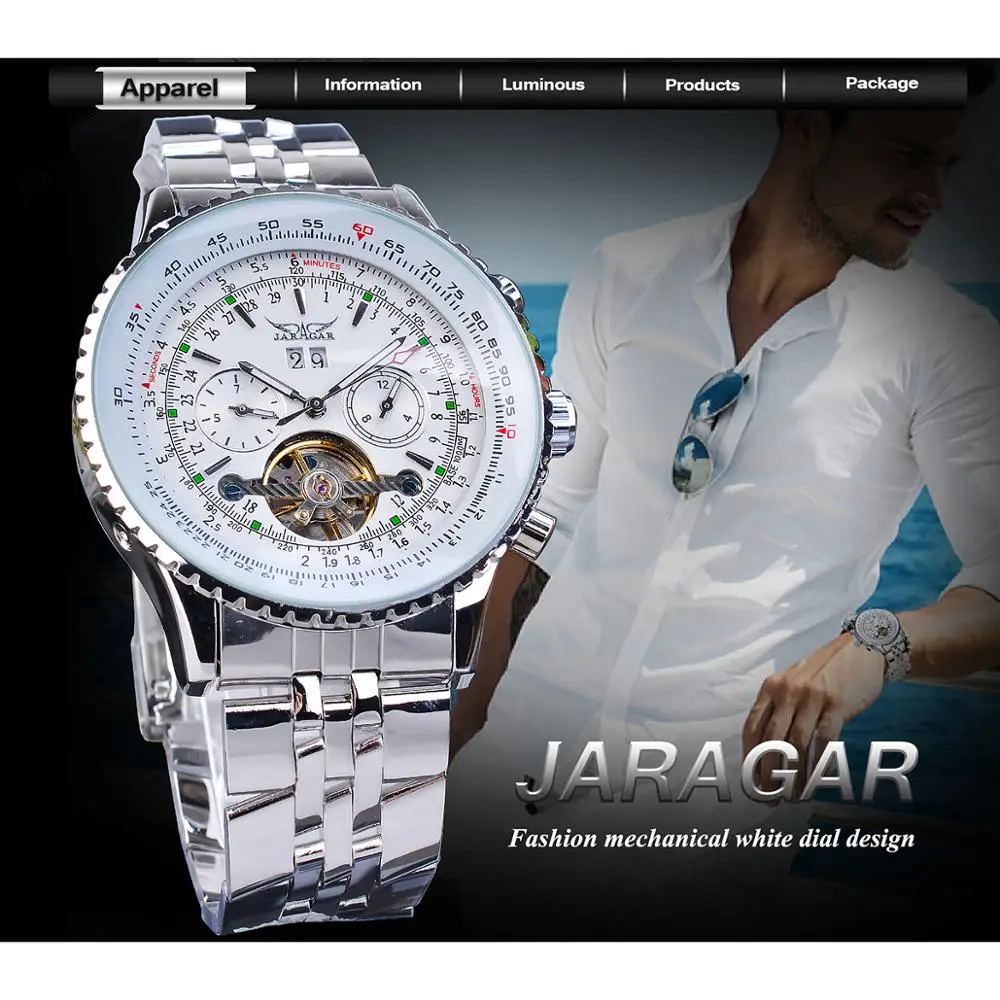 Jaragar Модные мужские механические часы Tourbillon Автоматический белый дисплей даты из нержавеющей стали ремешок Военные Спортивные часы Relojes