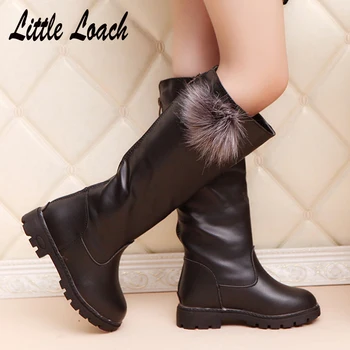 

Autumn Winter Kids Long Boots Pom Designer Cute Princess Boutique Boot Shoes PU Leather Rainboots Size 26-39 Black Red Botas