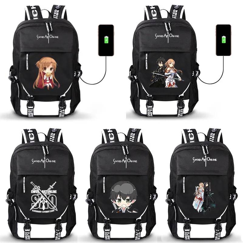 SAO Sword Art Online Anime USB Port Backpack Boy Girls Men Women Bag Travel School Bag Teenager Laptop Book Bag Mochila