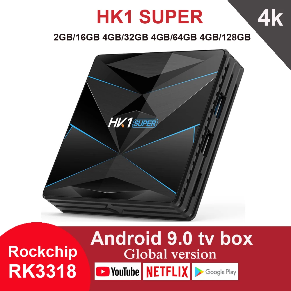 

HK1 Super Android 9.0 TV Box Rockchip RK3318 Quad Core 4G RAM 128GB ROM 2.4G 5G Wifi BT4.0 Netflix Youtube 4K IPTV Media Player