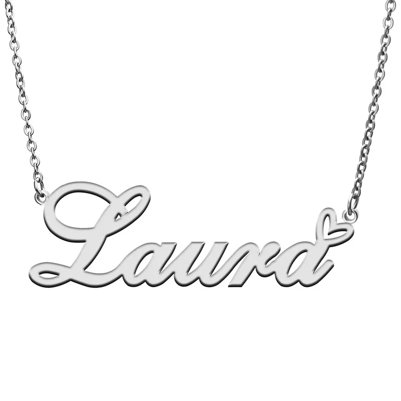 Laura Name with Love Heart Necklace for Women Stainless Steel