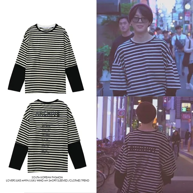 New kpop Bangtan Boys JIMIN Same Irregular Neckline Stripe Sweatershirt Pullover Hoodie Long Sleeve Shirt clothes Color Panel