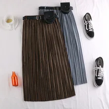Винтажная эластичная плиссированная юбка средней длины с высокой талией, шерстяная юбка трапециевидной формы для женщин, осенне-зимние теплые юбки для женщин